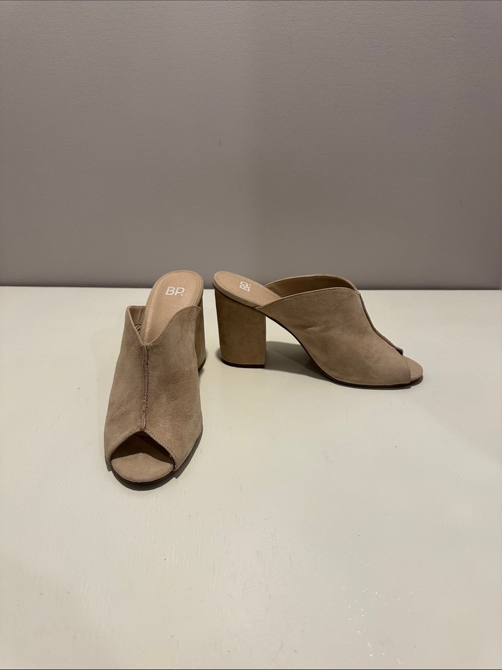 bp Taupe Suede Open-Toe Block Heel Mules